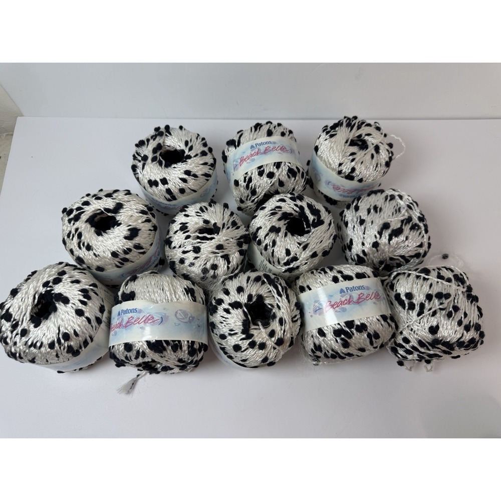 Lot of 12 Patons Yarn Beach Belle White with Black Puffs 50g Each